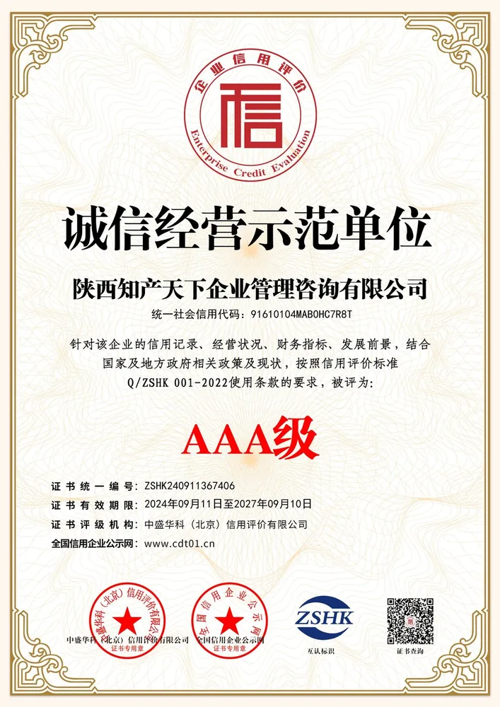 诚信经营示范单位证书